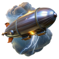 striking classic A steampunk zeppelin soaring through a storm filled sky, illuminated by flashes of lightning and the glow of its internal lights. Dramatic lighting, cinematic style original png