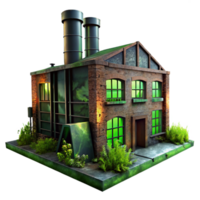 impressive remarkable An abandoned factory with broken windows, rusted metal, overgrown with weeds, eerie green light png
