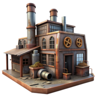 bold impressive An abandoned industrial factory with rusting machinery and broken windows, dim ambient light, dystopian style studio quality png