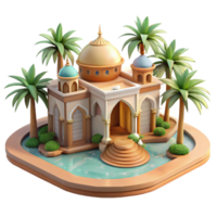 pristine exceptional A desert oasis with a Moorish palace, intricate arches and mosaics, palm trees, shimmering heat haze png