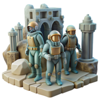 distinctive avant garde A group of explorers in futuristic diving suits explores the ruins of an ancient, underwater city. Steampunk style, muted lighting refined png