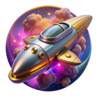 alluring ethereal creative A retro futuristic spaceship, chrome and brass details, flying through a nebula, illuminated by the nebula s vibrant colors, in an art deco style luxury png