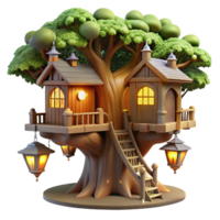 beautiful energetic traditional A treehouse built into a giant redwood tree, rustic wood construction, glowing lanterns, magical and whimsical high resolution png
