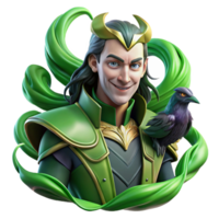 sumptuous memorable A mischievous Loki, the Norse god of trickery, shape shifting into a raven, surrounded by green, swirling magic. Digital painting style png