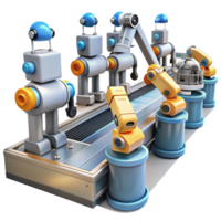 nostalgic fascinating A group of robots working in a factory, automated assembly line, bright, industrial lighting, realistic style crisp png