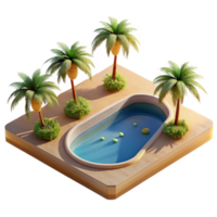 dramatic alluring A desert oasis with palm trees and a reflecting pool, bright midday sunlight, photorealistic render high quality png