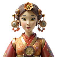 signature classic A beautiful steampunk automaton, resembling a geisha, adorned with intricate clockwork mechanisms and silken robes. Soft, diffused lighting with a warm color palette high quality png