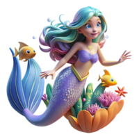 spectacular modern A beautiful mermaid with shimmering scales and flowing hair swimming through a coral reef filled with glowing fish, vibrant, underwater lighting, fantasy art style elite png