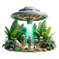 extraordinary iconic A group of explorers discovering a hidden alien temple within a dense jungle, shafts of light piercing the canopy, rendered in a lush, vibrant style png