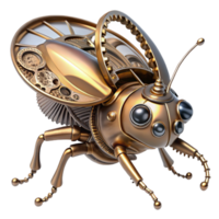 ethereal alluring A steampunk insect, a metallic beetle with intricate gears and wings, crawling on a cogwheel, lit by a single ray of light. Macro photography, hyperrealistic style museum quality png