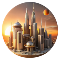 glorious quintessential A towering, chrome metropolis on a distant, ringed planet, flying vehicles zipping between skyscrapers, bathed in the warm, orange light of a binary sunset. Art Deco style png