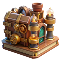 dramatic unparalleled A steampunk library filled with ancient tomes and strange devices, warm, inviting lighting, illustration style png