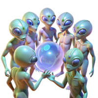 picturesque dreamy gothic A group of alien creatures, with iridescent skin, gathered around a glowing orb, bathed in its ethereal light. Mystical lighting, fantasy style refined png