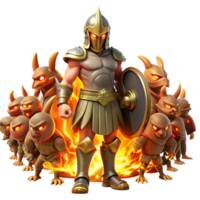 impressive modern A stoic Spartan warrior facing a horde of mythical creatures, armor reflecting the firelight, realistic style, dramatic firelight flawless png