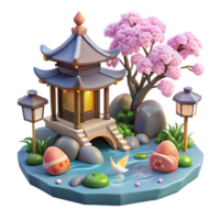 sought after creative A traditional Japanese garden with a koi pond, stone lanterns, cherry blossoms, serene atmosphere, peaceful, high quality png