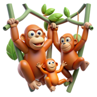 spectacular art deco A family of orangutans swinging through the trees, lush jungle setting, playful and energetic style crisp png