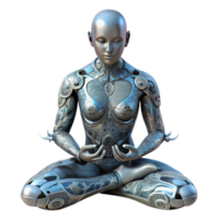 signature renaissance A cyborg with intricate floral patterns etched into their metallic skin meditates in a zen garden on a futuristic space station. Cyberpunk style, soft lighting expertly shot png