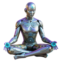 majestic tranquil elegant A cyborg with intricate floral patterns etched into their metallic skin meditates in a zen garden on a futuristic space station. Cyberpunk style, soft lighting detailed png
