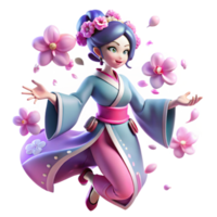 harmonious impressive A futuristic, holographic geisha performs a traditional dance in a zero gravity environment, surrounded by floating cherry blossoms. Anime style, vibrant colors perfect clarity png