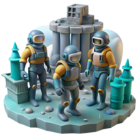 remarkable coastal A group of explorers in futuristic diving suits explores the ruins of an ancient, underwater city. Steampunk style, muted lighting top tier png