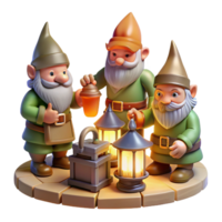 radiant bohemian A group of gnomes crafting magical artifacts in a workshop lit by glowing lanterns, intricate details genuine png