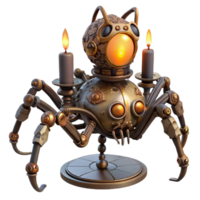 glorious artistic A steampunk automaton shaped like a mechanical spider, crawling across a web of intricate gears, illuminated by a flickering candle. Spooky lighting, gothic style detailed png