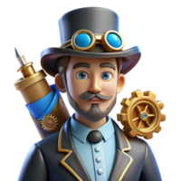 energetic dramatic A portrait of a steampunk inventor, wearing a monocle and a top hat adorned with gears, surrounded by blueprints and tools. Rembrandt lighting high resolution png