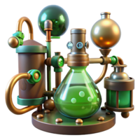 picturesque nostalgic industrial A scene of a steampunk laboratory, filled with bubbling beakers, sparking wires, and strange inventions. Dim, atmospheric lighting with a green tint sharp png