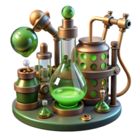 romantic mesmerizing A scene of a steampunk laboratory, filled with bubbling beakers, sparking wires, and strange inventions. Dim, atmospheric lighting with a green tint artisan png