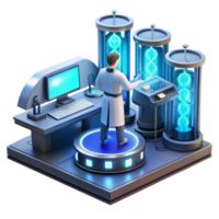 immaculate reflective art deco A lone scientist working in a futuristic laboratory, surrounded by glowing screens and complex equipment. Cool, blue lighting. Cyberpunk style ultra HD png