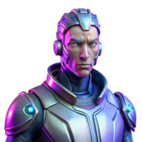 serene mid-century Portrait of a futuristic cyborg with glowing implants, metallic limbs, and a determined expression, lit by neon city lights, in a cyberpunk style top-tier png
