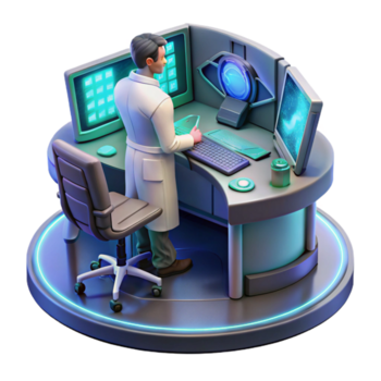 soñador glorioso un solitario científico, trabajando a un futurista computadora consola, rodeado por holográfico pantallas, bañado en el frio ligero de el monitores cyberpunk Encendiendo, realista estilo 8k png