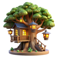 breathtaking memorable A treehouse built into a giant redwood tree, rustic wood construction, glowing lanterns, magical and whimsical png