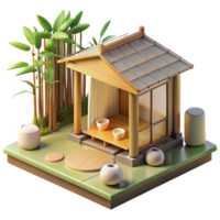 majestic bohemian A minimalist Japanese tea house made of bamboo and paper, soft natural light, surrounded by a zen garden, serene and peaceful crisp png
