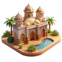 coveted artistic A desert oasis with a Moorish palace, intricate arches and mosaics, palm trees, shimmering heat haze studio quality png