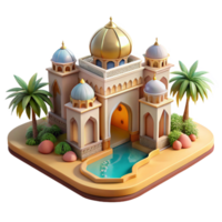 coveted coastal A desert oasis with a Moorish palace, intricate arches and mosaics, palm trees, shimmering heat haze handcrafted png