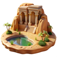 glorious distinguished Desert oasis with a hidden temple carved into sandstone cliffs, harsh midday sun, photorealistic style png