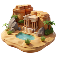 splendid acclaimed Desert oasis with a hidden temple carved into sandstone cliffs, harsh midday sun, photorealistic style png