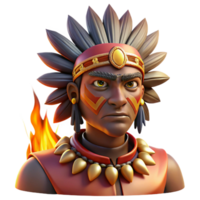 majestic signature Portrait of a tribal chieftain with elaborate face paint and headdress, illuminated by the warm glow of a campfire, in a realistic portrait style png
