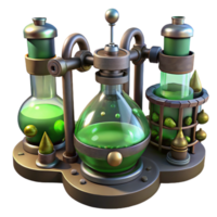 picturesque classic A steampunk laboratory, filled with bubbling beakers and strange devices. Greenish, eerie lighting. Gothic style high resolution png