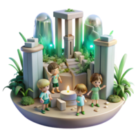 notable retro A group of children playing in the ruins of a futuristic city, overgrown with vegetation, soft, nostalgic lighting, painted in a whimsical style perfect clarity png