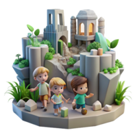 exquisite memorable A group of children playing in the ruins of a futuristic city, overgrown with vegetation, soft, nostalgic lighting, painted in a whimsical style png