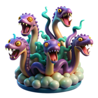 iconic victorian A multi headed hydra rising from a swamp, each head emitting a different colored venomous breath, under a stormy sky. Surrealism style refined png