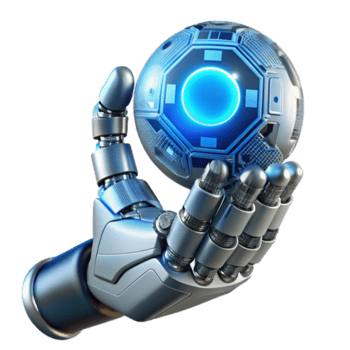 sereno cercato dopo un' cromo robotica mano delicatamente Tenere un' raggiante globo di dati, intricato fili e circuiteria visibile sotto il metallico pelle, illuminato di un' morbido blu luce, cyberpunk stile png