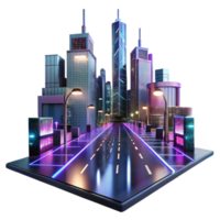 radiant tropical A futuristic cityscape reflected in a rain slicked street, illuminated by neon signs and headlights, cyberpunk style crisp png