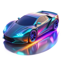 wonderful renaissance A futuristic sports car, with sleek, aerodynamic lines and glowing neon accents, races through a holographic racetrack. Dynamic, motion blur lighting. Cyberpunk style sharp png