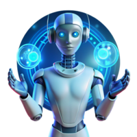 magnificent signature A transparent humanoid robot interacting with a holographic interface, data streams flowing around its hands, illuminated by ambient blue light, in a futuristic, sleek style png