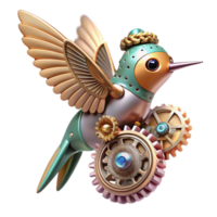 magnificent avant garde A miniature steampunk robot hummingbird, hovering amidst gears and cogs, delicate and intricate, soft studio lighting luxury png