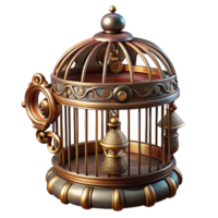 whimsical gorgeous A steampunk birdcage, ornate brass bars and intricate decorations, containing a mechanical bird, soft window lighting precision png