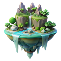 nostalgic alluring A floating island with waterfalls cascading down, lush vegetation, magical realism, detailed, vibrant colors, high quality png